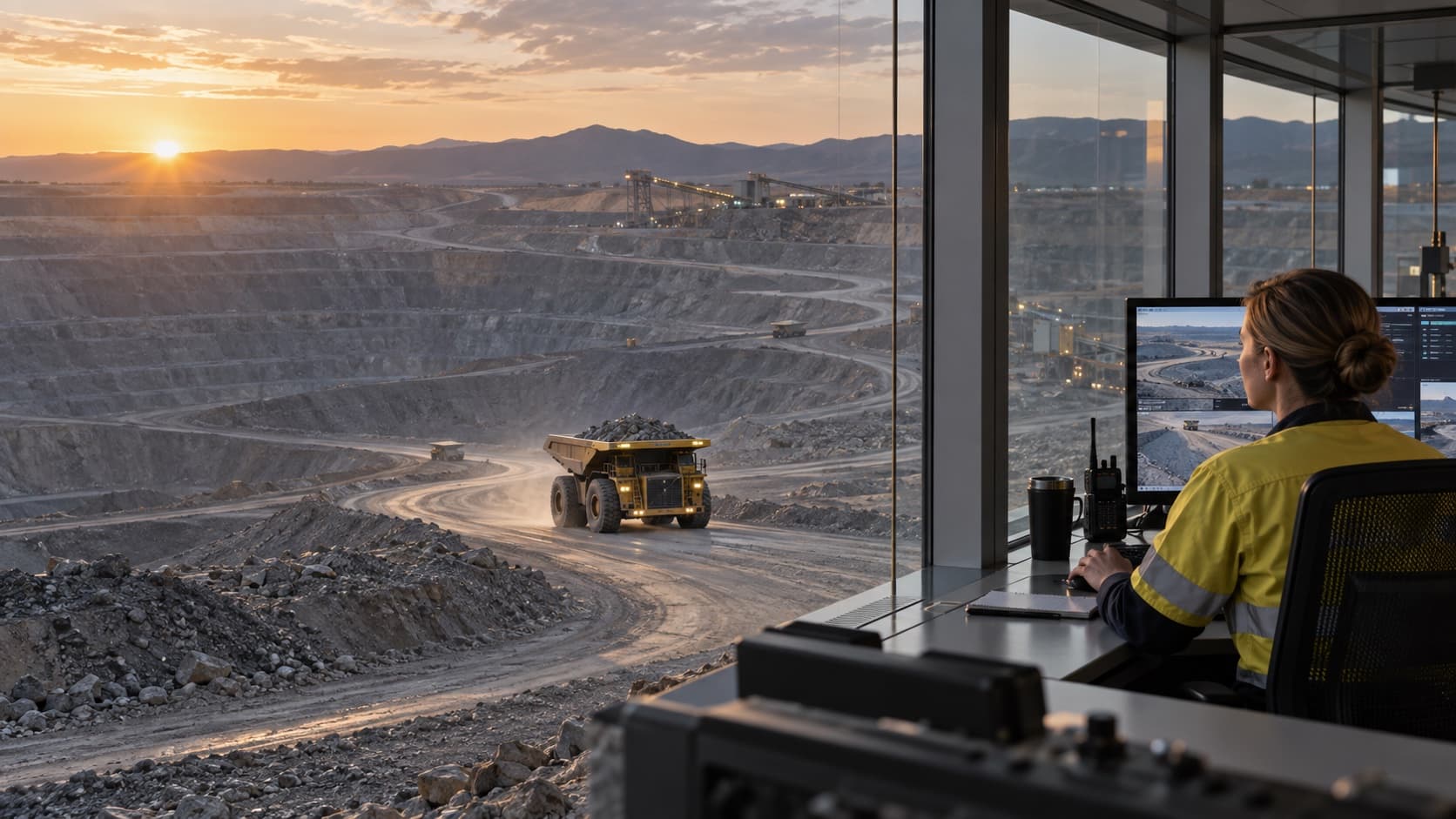 A human operator overseeing autonomous mining equipment at sunrise